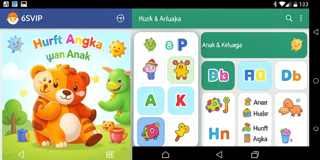 Tampilan antarmuka 6SVIP yang menarik untuk belajar huruf dan angka.