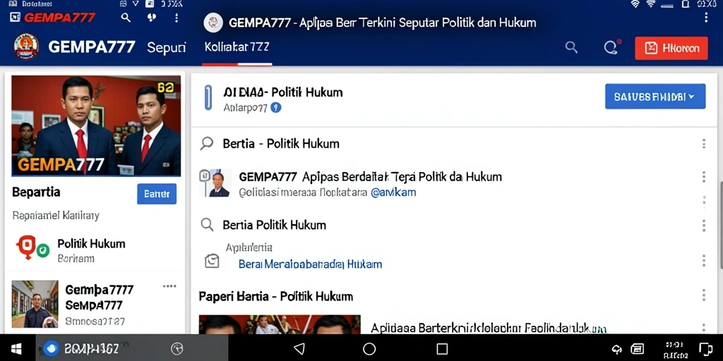 Antarmuka aplikasi GEMPA777 dengan berita politik dan hukum.